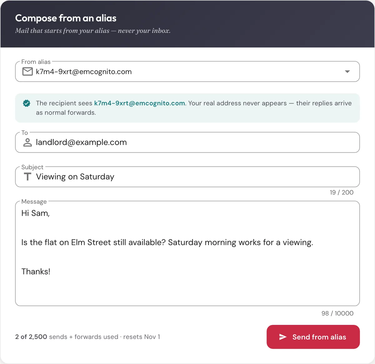 Compose form with a From alias selected, a note on what the recipient sees, To, subject and message fields, and a Send button