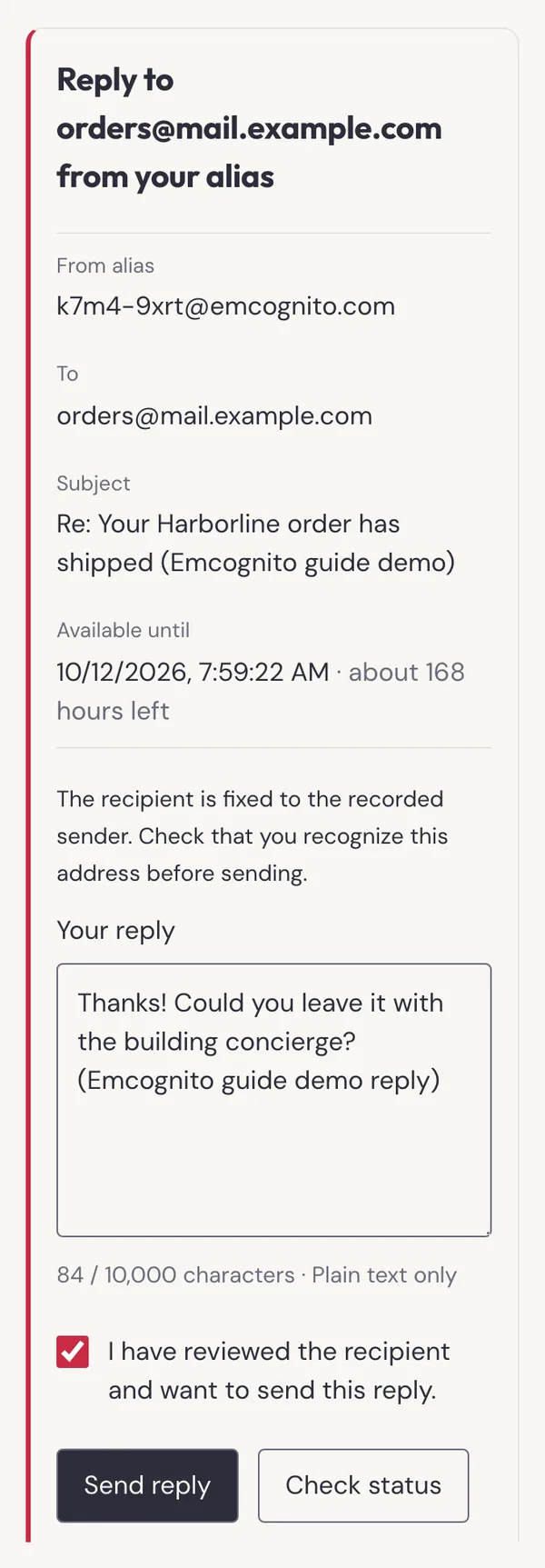 Reply securely panel with the sender address and recipient filled in and locked, a typed reply and a Send reply button