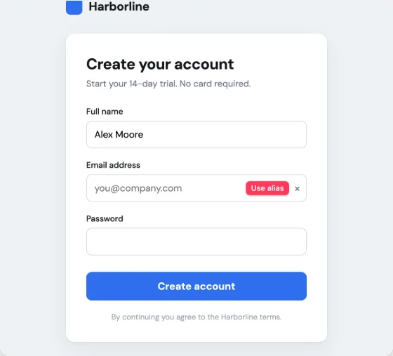 A sign-up form for a fictional shop with a red Use alias button inside the empty Email address field