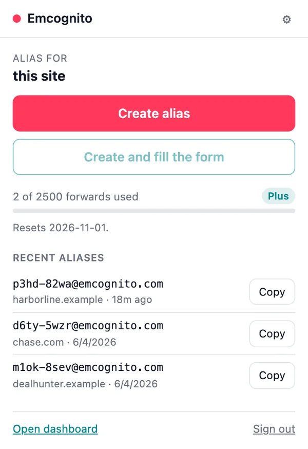 Extension popup with Create alias and Create and fill buttons, a monthly forwards counter and three recent addresses to copy
