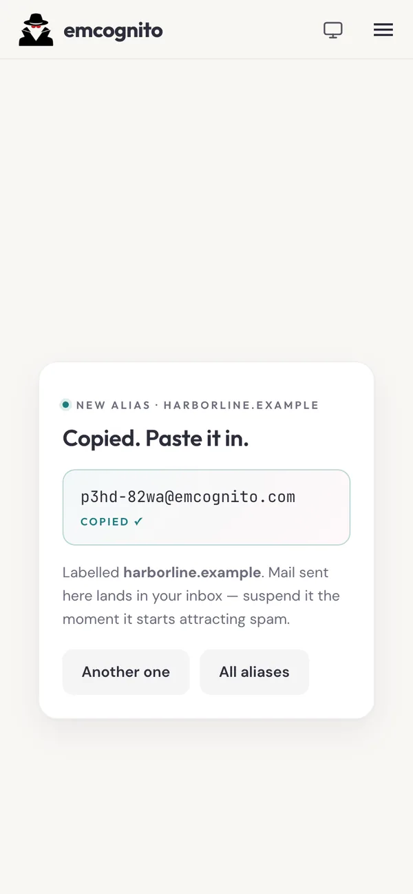 Phone screen after sharing a page: a new address labelled harborline.example under the heading Copied. Paste it in.