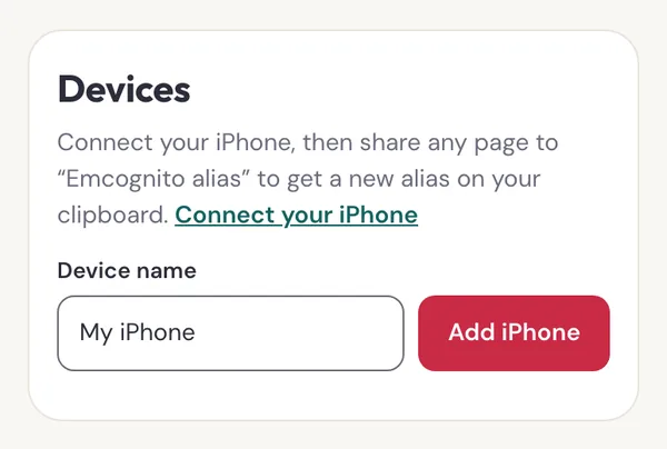 The Devices card in Emcognito settings with a Device name field set to My iPhone and an Add iPhone button