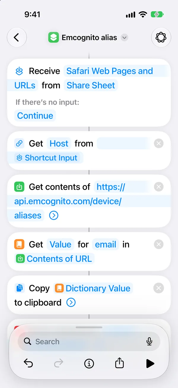 The Emcognito alias shortcut in the Shortcuts editor: receive Safari Web Pages and URLs from the Share Sheet, Get Host from Shortcut Input, Get contents of the api.emcognito.com device aliases URL, Get Value for email, Copy to clipboard