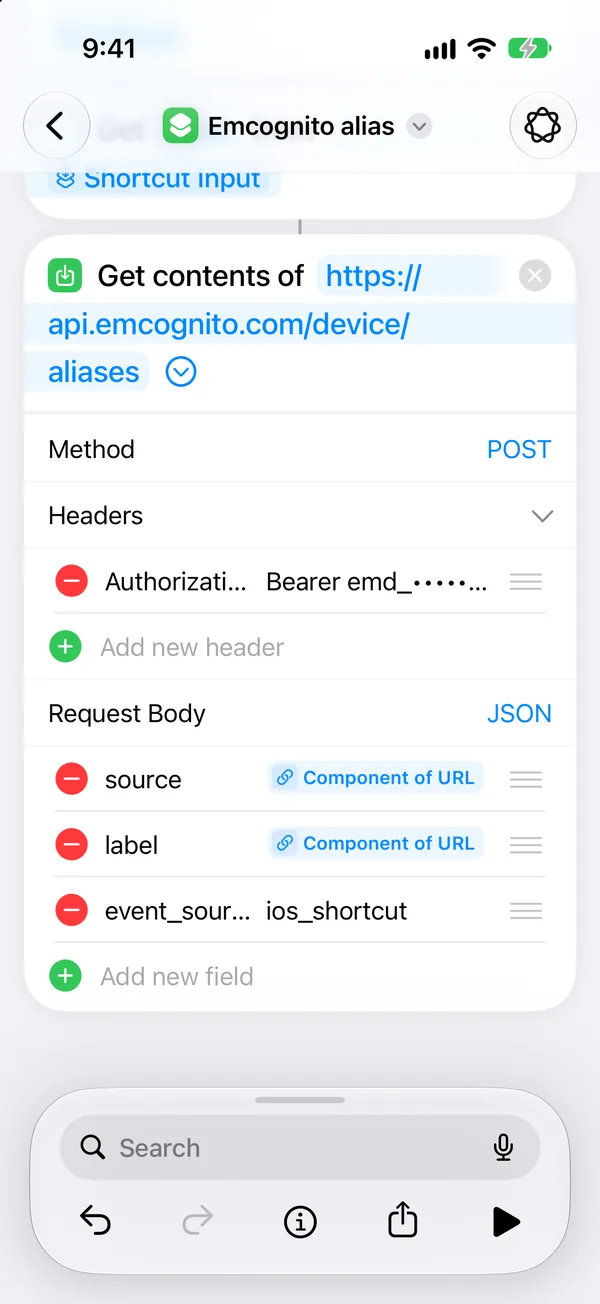 The Get Contents of URL action expanded: Method POST, an Authorization header of Bearer and a masked emd_ token, and a JSON request body with source and label set to Component of URL and event_source set to ios_shortcut