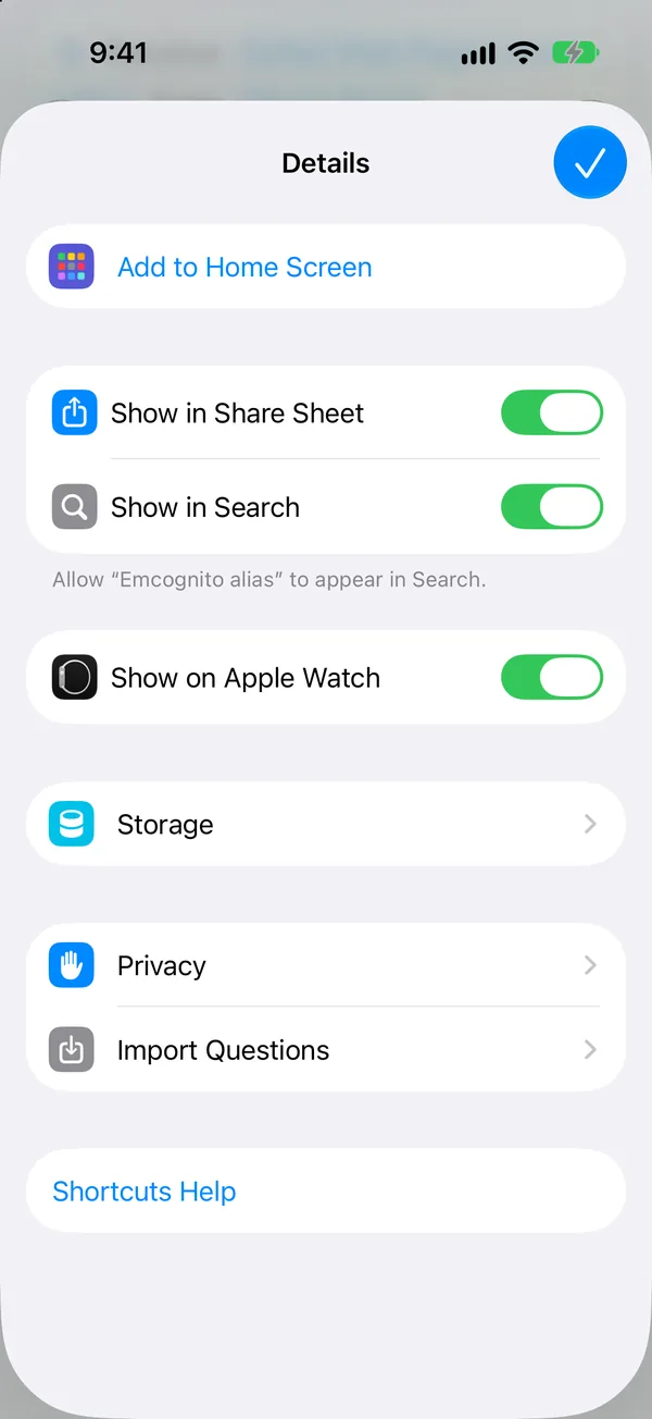 The shortcut's Details sheet with Show in Share Sheet turned on