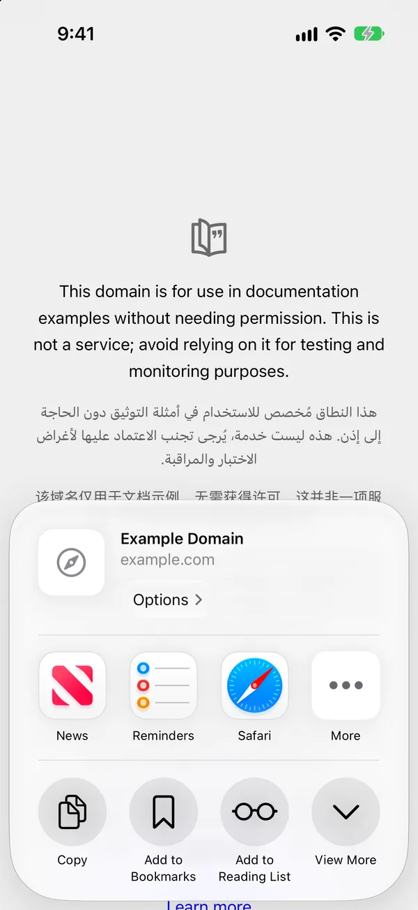 The Safari share sheet on a web page as it first opens, with a row of apps and actions and a View More button