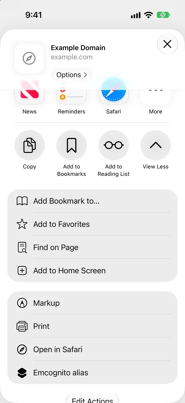 The expanded Safari share sheet listing Emcognito alias among the actions