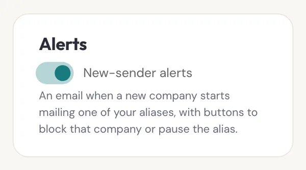 The Alerts card in Emcognito settings with the New-sender alerts switch turned on