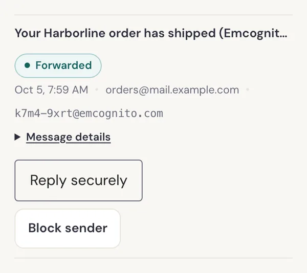 A forwarded message in the Emcognito delivery log with Reply securely and Block sender buttons under it