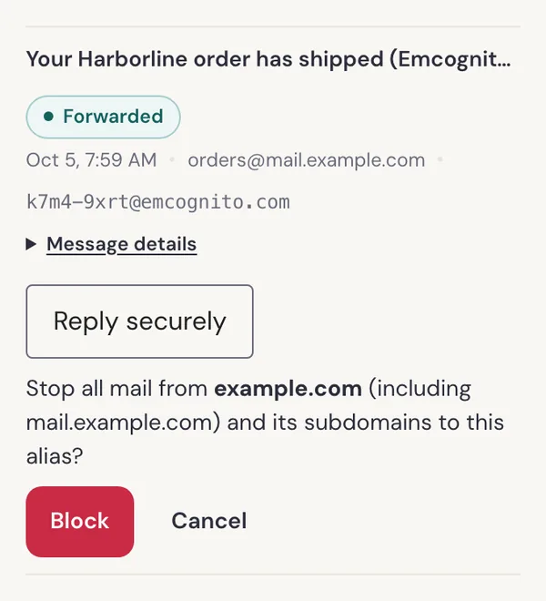 The block confirmation reading Stop all mail from example.com (including mail.example.com) and its subdomains to this alias? with Block and Cancel buttons