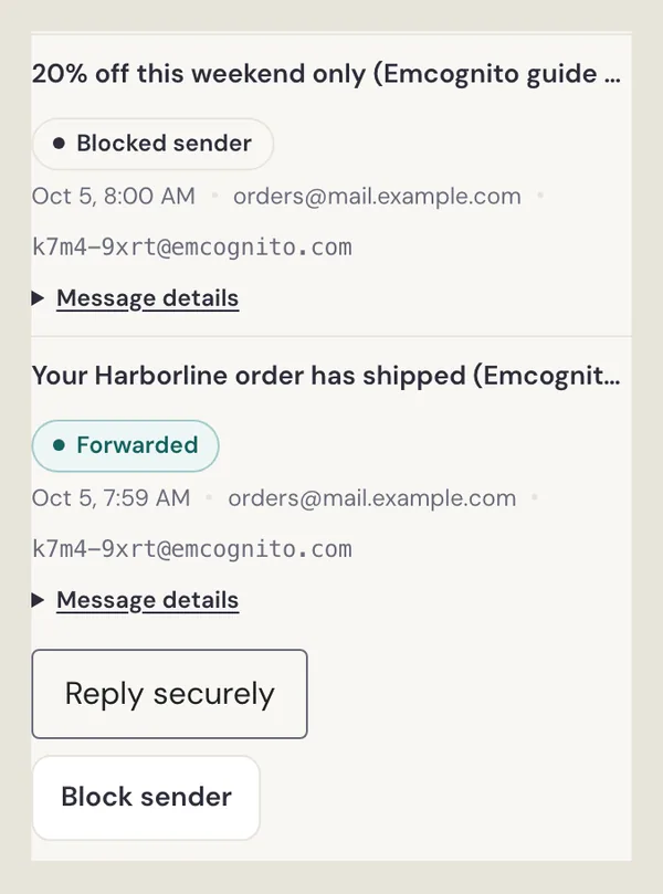 Two delivery log entries for the same alias: the newer one marked Blocked sender, the older one marked Forwarded