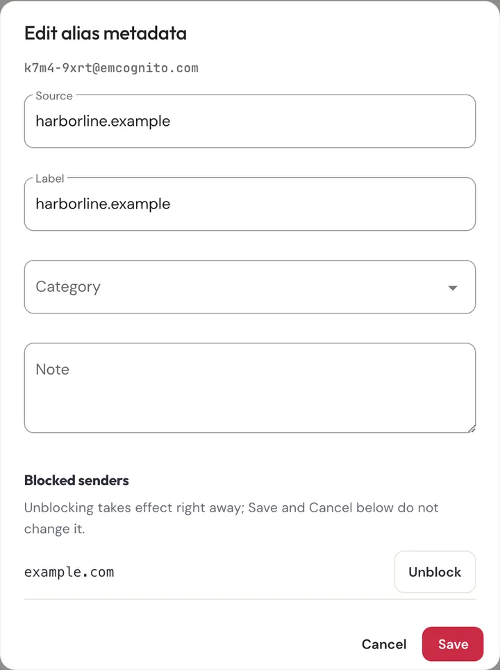 The Edit alias metadata dialog with a Blocked senders list showing example.com and an Unblock button